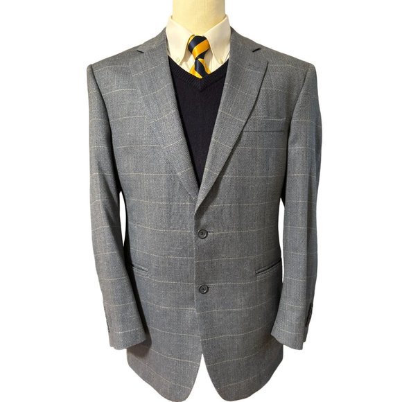 Jos A Bank Silk Wool Sport Coat Mens 42L Herringbone Windowpane Jacket Blazer - Picture 3 of 16